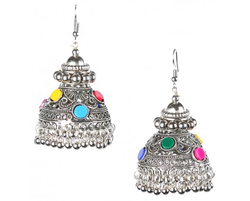 BIG CHANDELIER Silver Oxidized Earrings Jhumka Jhumki Bali Imitation Indian Bollywood Ethnic Wedding Jewelry H33